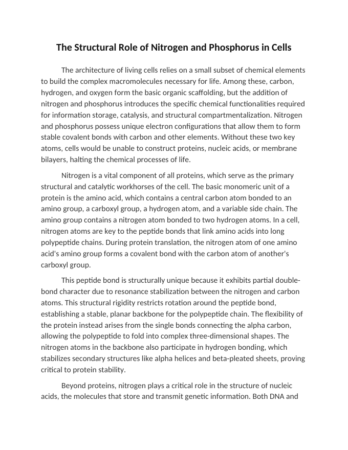 The Structural Role of Nitrogen and Phosphorus in Cells Reading Worksheet sample page