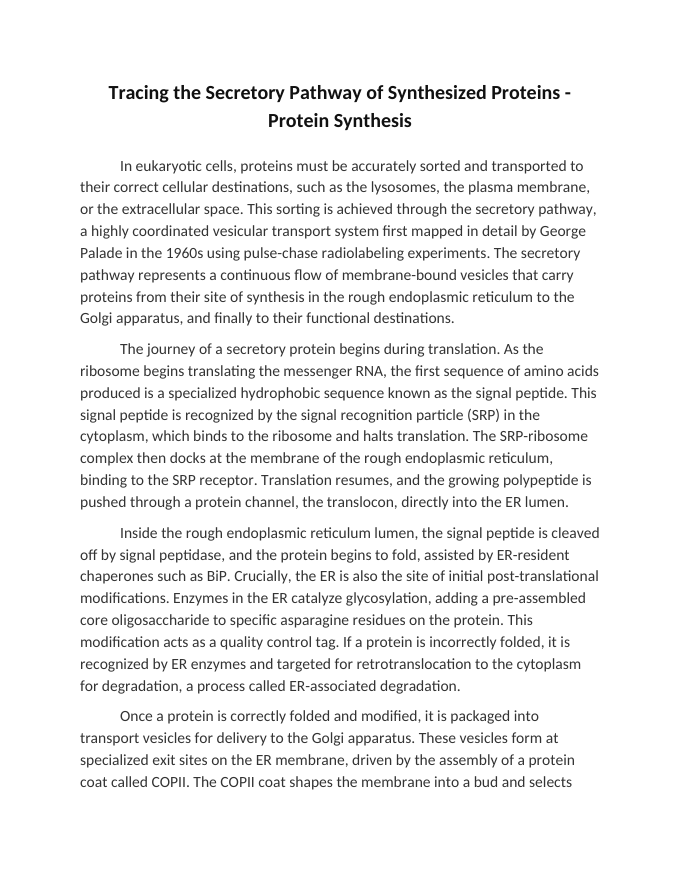 Tracing the Secretory Pathway of Synthesized Proteins Reading Worksheet sample page