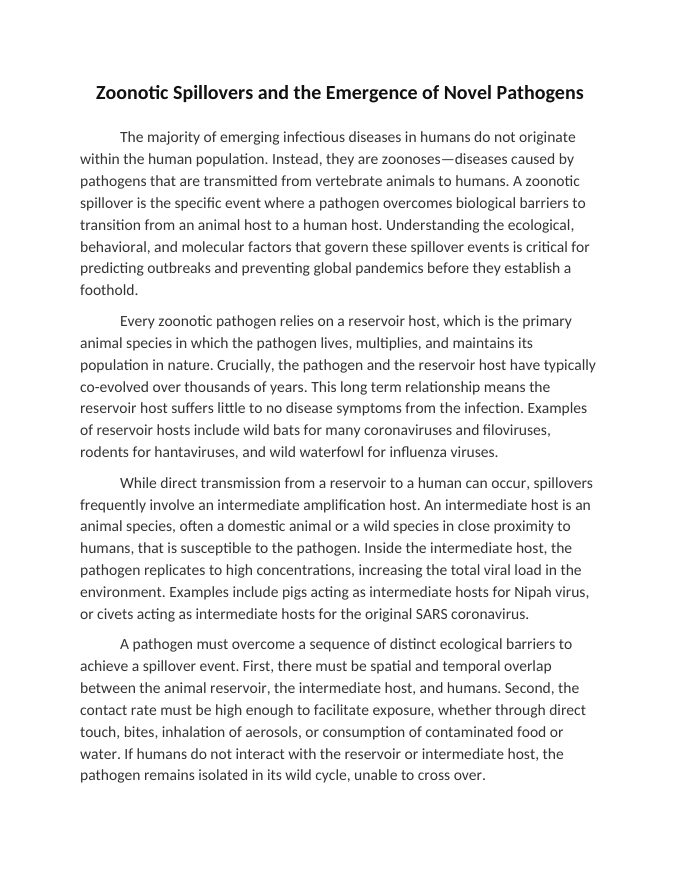 Zoonotic Spillovers and the Emergence of Novel Pathogens Reading Worksheet sample page