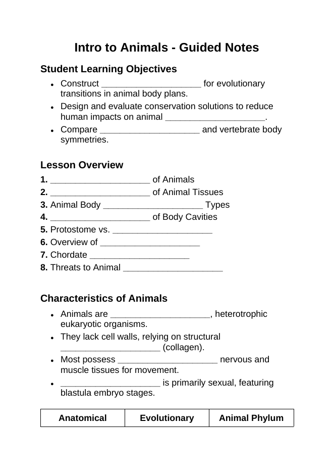 Intro to Animals Guided Notes sample page