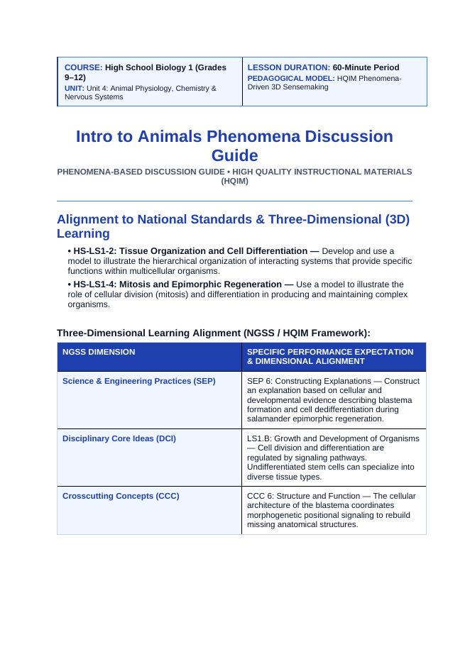 Intro to Animals Phenomena-Based Lesson: Axolotl Limb Regeneration Teacher Discussion Guide sample page