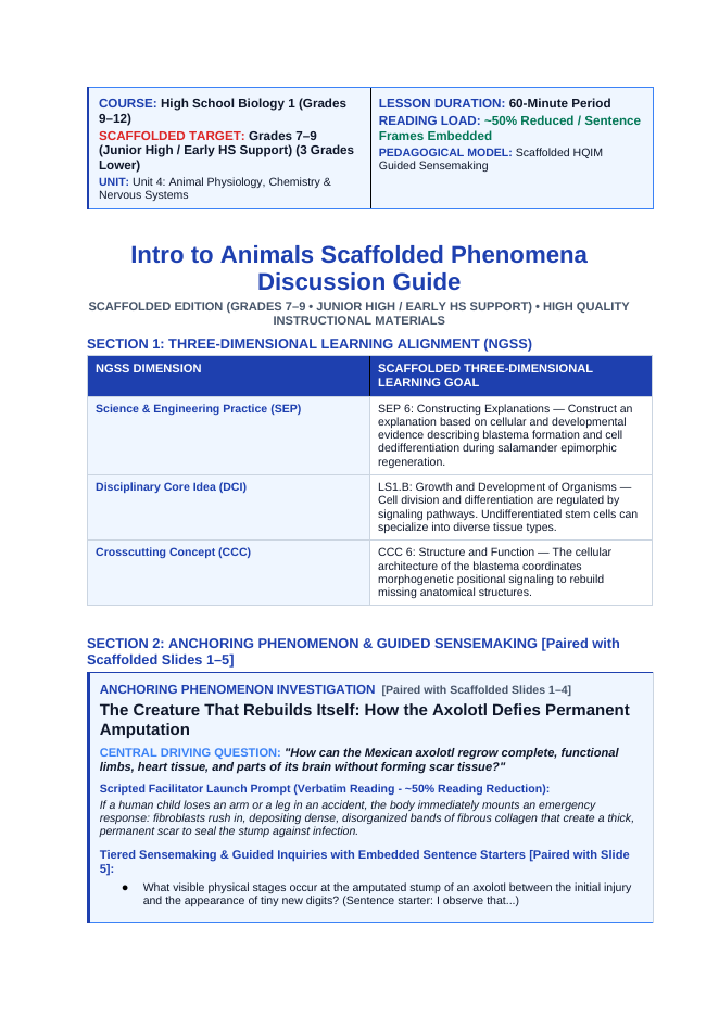 Intro to Animals Scaffolded Phenomena-Based Lesson: Axolotl Limb Regeneration Teacher Discussion Guide sample page