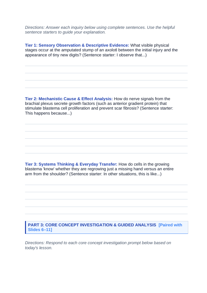 Intro to Animals Scaffolded Phenomena-Based Lesson: Axolotl Limb Regeneration Student Response Sheet sample page
