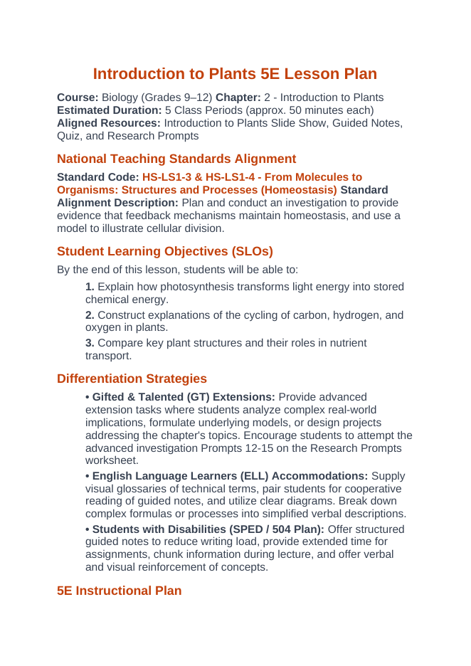 Intro to Plants 5E Lesson Plan sample page