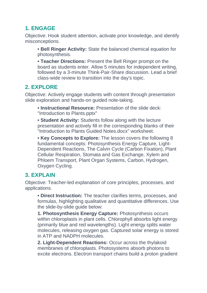 Intro to Plants 5E Lesson Plan sample page