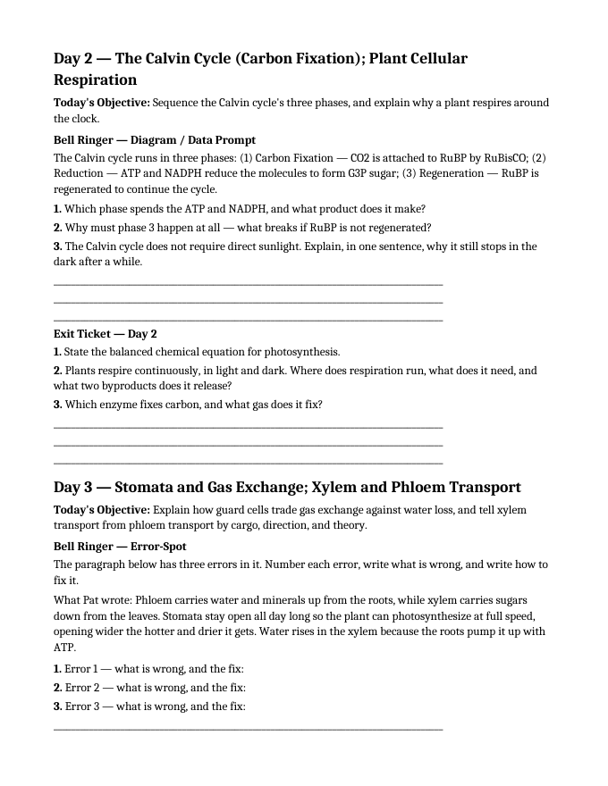 Intro to Plants Bell Ringers & Exit Tickets sample page
