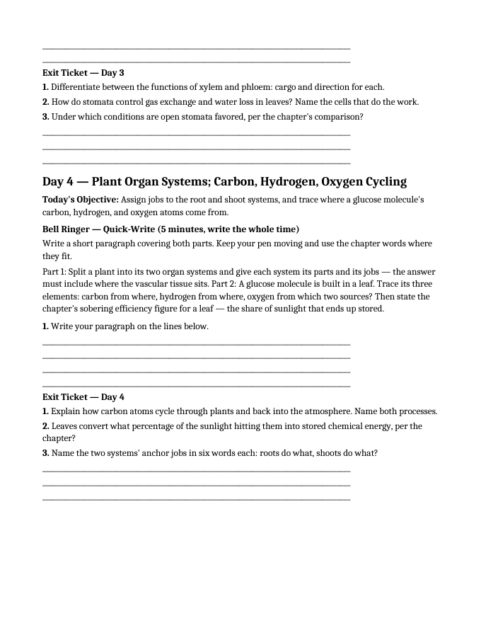 Intro to Plants Bell Ringers & Exit Tickets sample page