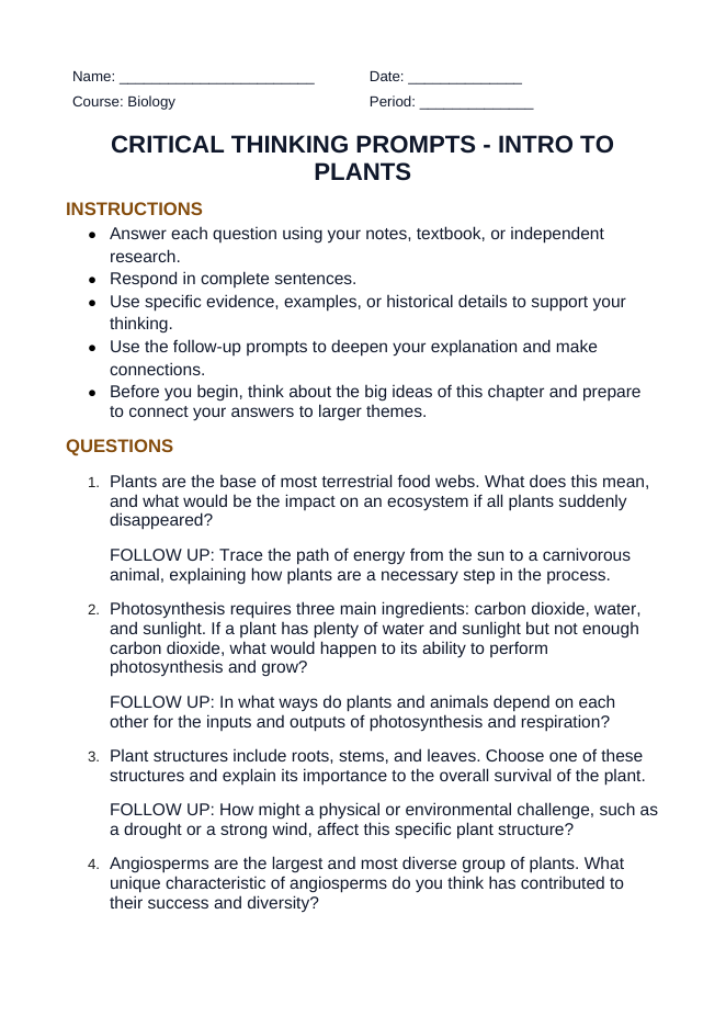 Intro to Plants Critical Thinking Prompts sample page