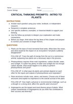 Intro to Plants Critical Thinking Prompts sample page