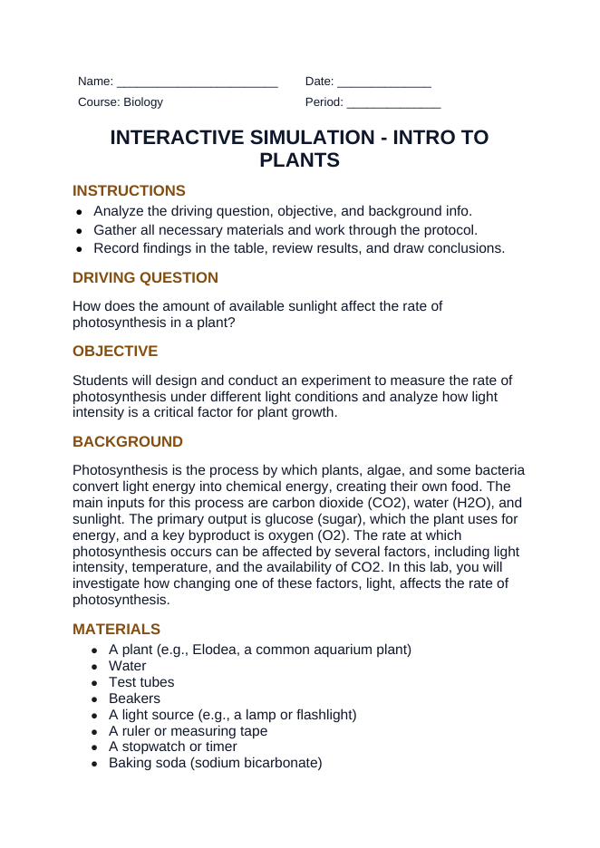 Intro to Plants Interactive Simulation sample page