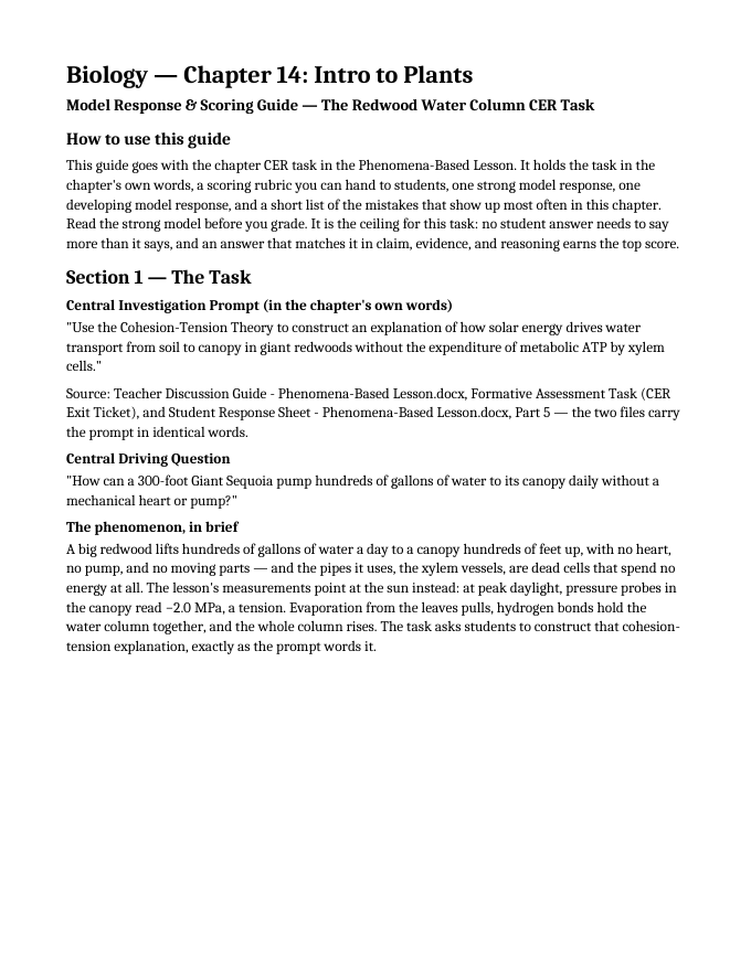 Intro to Plants Model Response & Scoring Guide sample page
