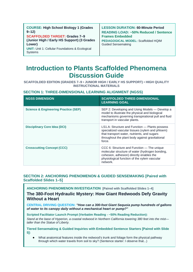 Intro to Plants Scaffolded Phenomena-Based Lesson: Giant Sequoia Cohesion Tension Teacher Discussion Guide sample page