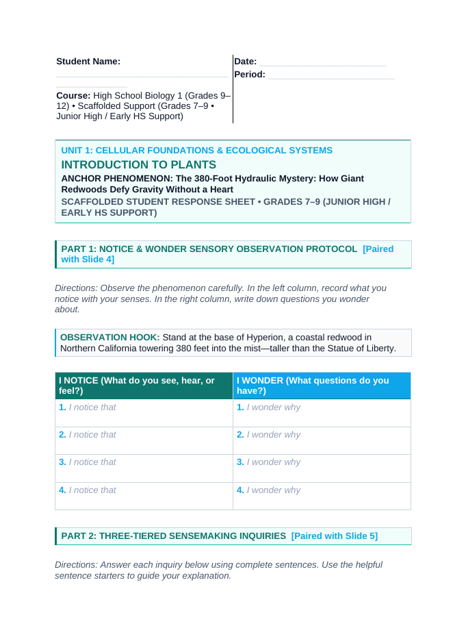 Intro to Plants Scaffolded Phenomena-Based Lesson: Giant Sequoia Cohesion Tension Student Response Sheet sample page