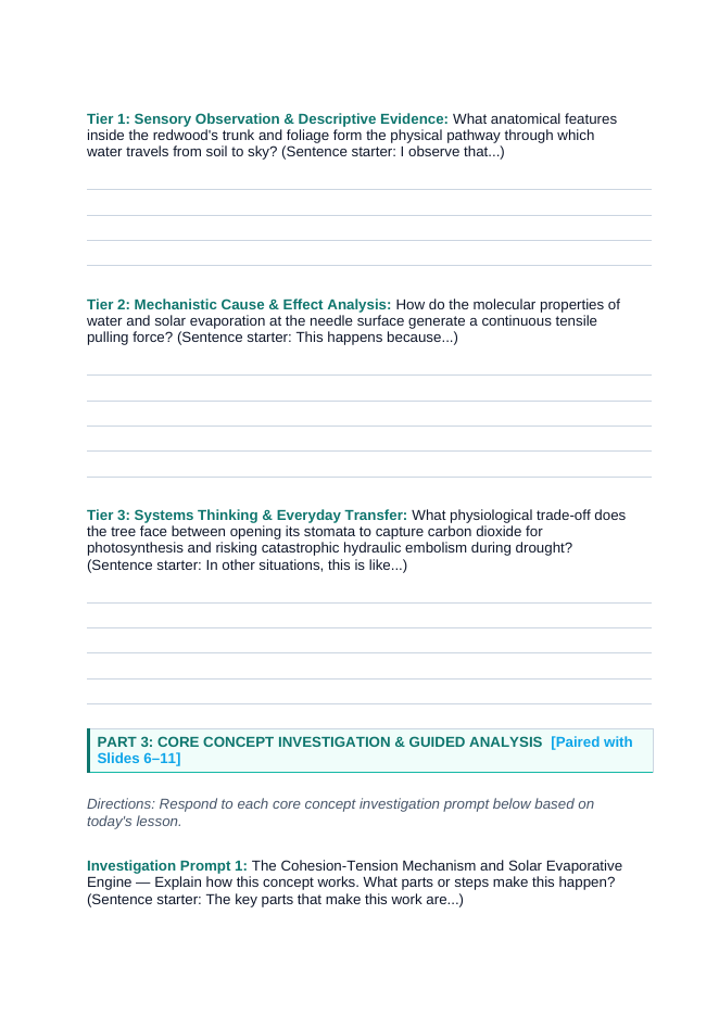 Intro to Plants Scaffolded Phenomena-Based Lesson: Giant Sequoia Cohesion Tension Student Response Sheet sample page