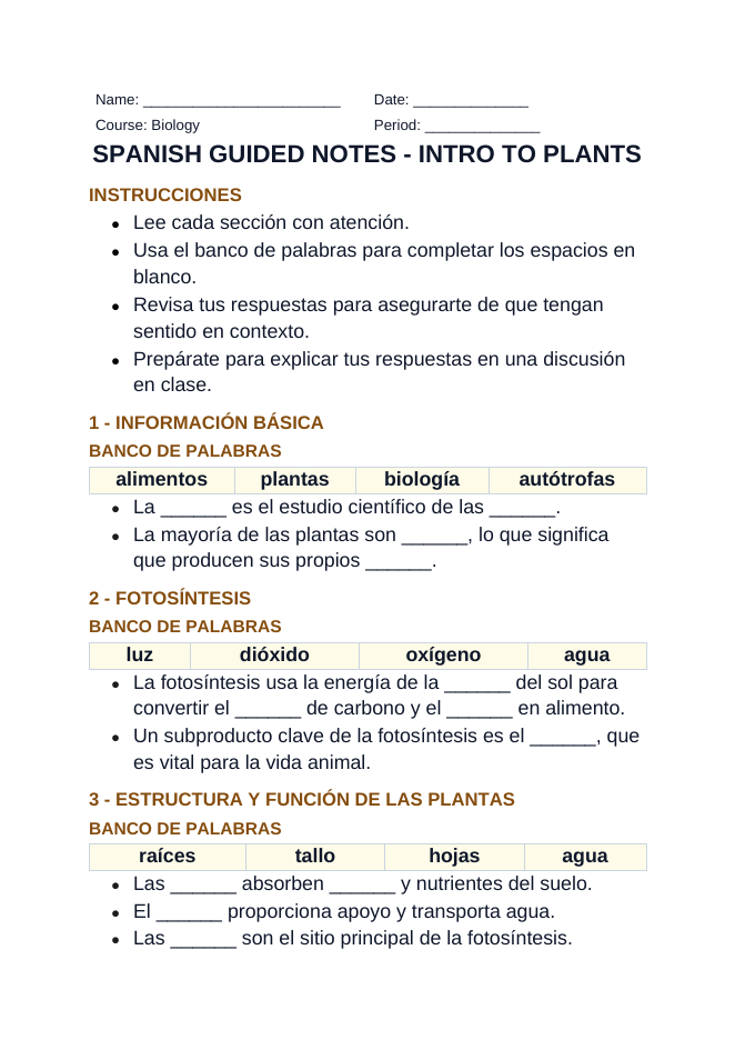Intro to Plants Spanish Guided Notes sample page