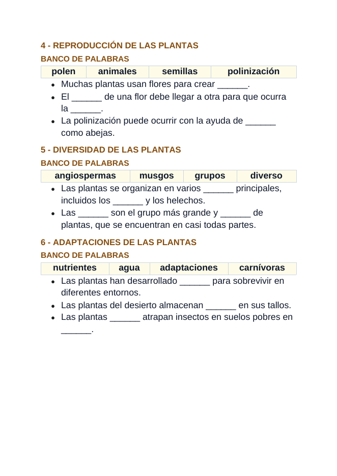 Intro to Plants Spanish Guided Notes sample page