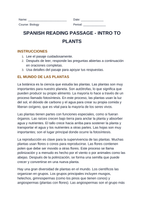 Intro to Plants Spanish Reading Passage & Comprehension Questions sample page