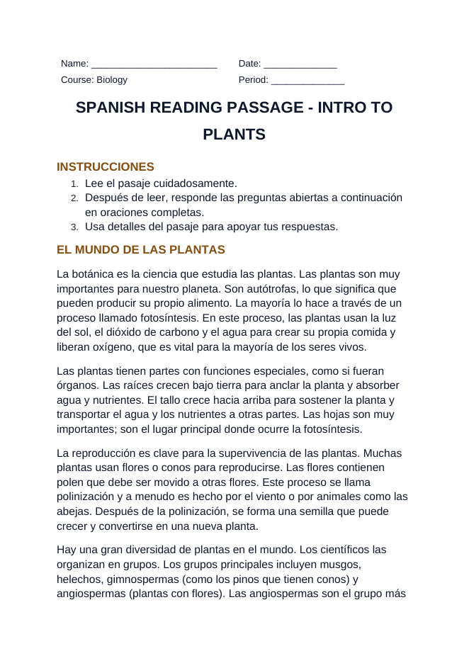 Intro to Plants Spanish Reading Passage & Comprehension Questions sample page