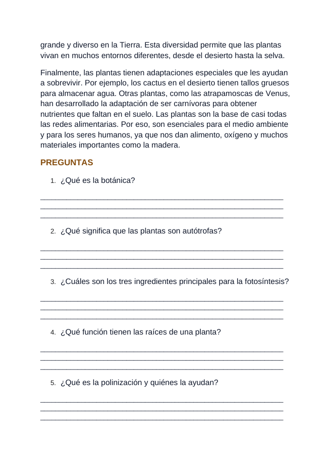 Intro to Plants Spanish Reading Passage & Comprehension Questions sample page