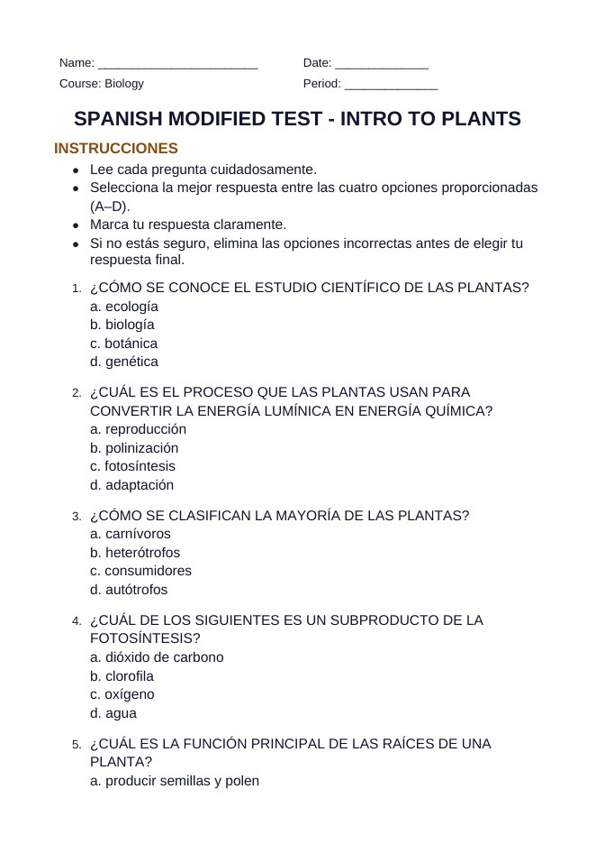 Intro to Plants Spanish Unit Test sample page