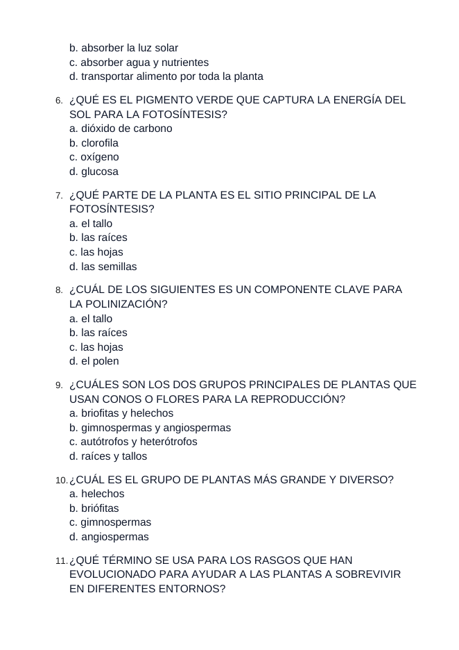Intro to Plants Spanish Unit Test sample page