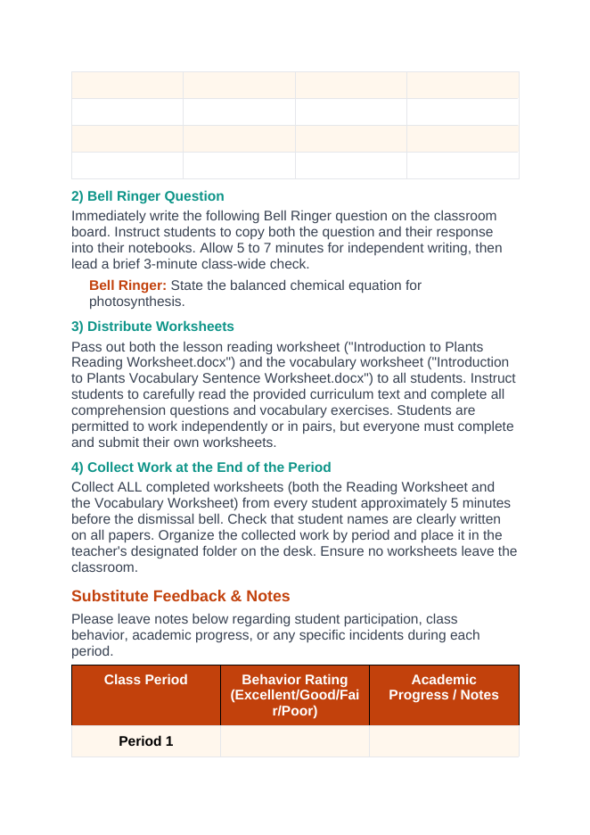 Intro to Plants Substitute Lesson Plan sample page