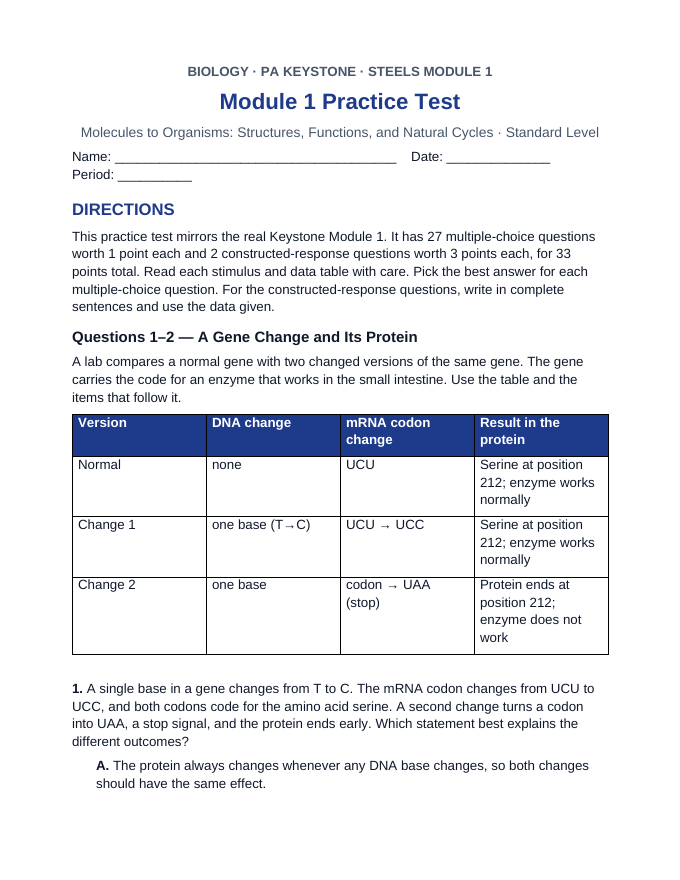Keystone Biology Module 1 Practice Test sample page