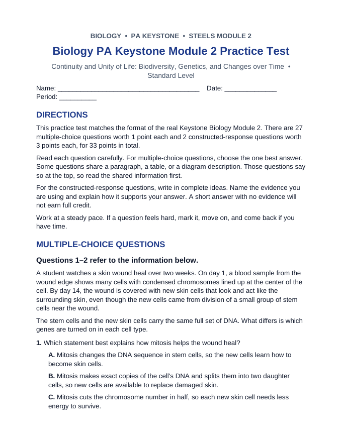 Keystone Biology Module 2 Practice Test sample page