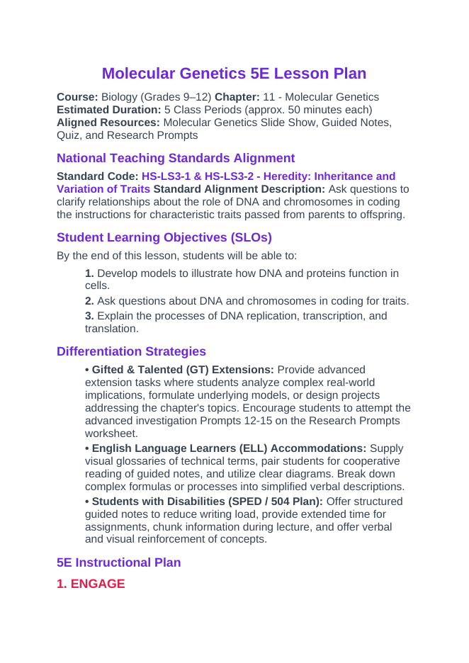 Molecular Genetics 5E Lesson Plan sample page