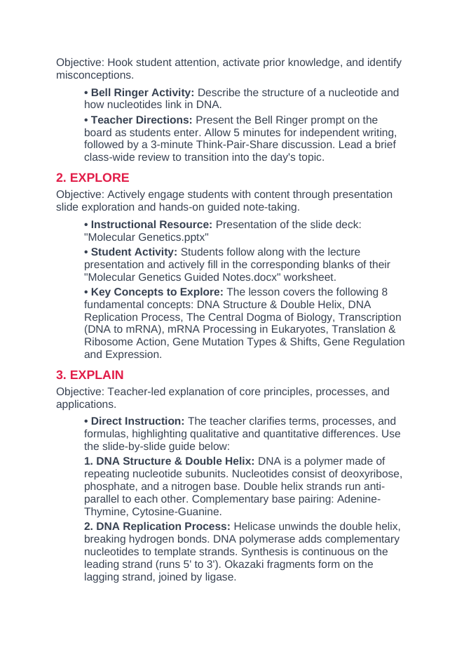 Molecular Genetics 5E Lesson Plan sample page