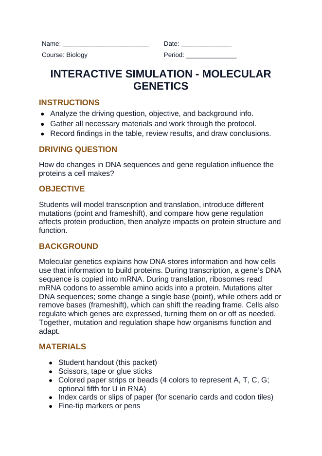 Molecular Genetics Interactive Simulation sample page