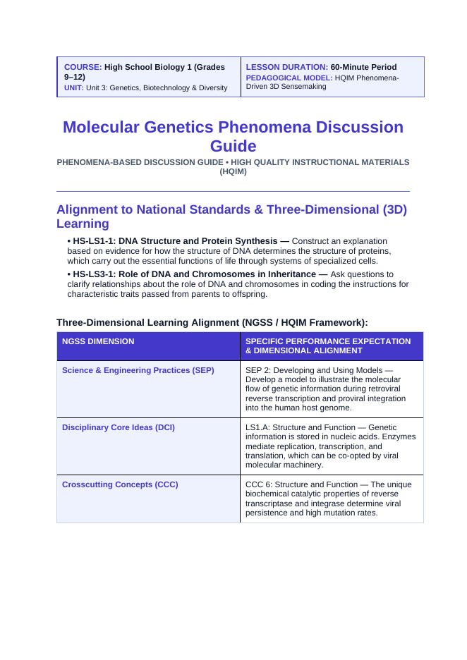 Molecular Genetics Phenomena-Based Lesson: HIV Reverse Transcription Teacher Discussion Guide sample page