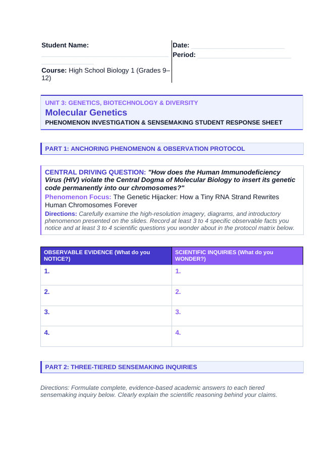 Molecular Genetics Phenomena-Based Lesson: HIV Reverse Transcription Student Response Sheet sample page