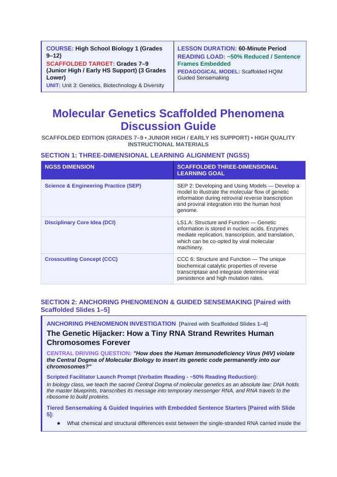 Molecular Genetics Scaffolded Phenomena-Based Lesson: HIV Reverse Transcription Teacher Discussion Guide sample page