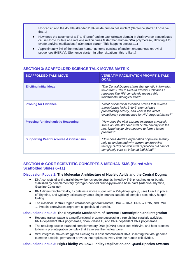 Molecular Genetics Scaffolded Phenomena-Based Lesson: HIV Reverse Transcription Teacher Discussion Guide sample page