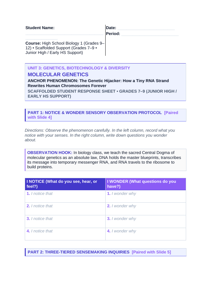 Molecular Genetics Scaffolded Phenomena-Based Lesson: HIV Reverse Transcription Student Response Sheet sample page