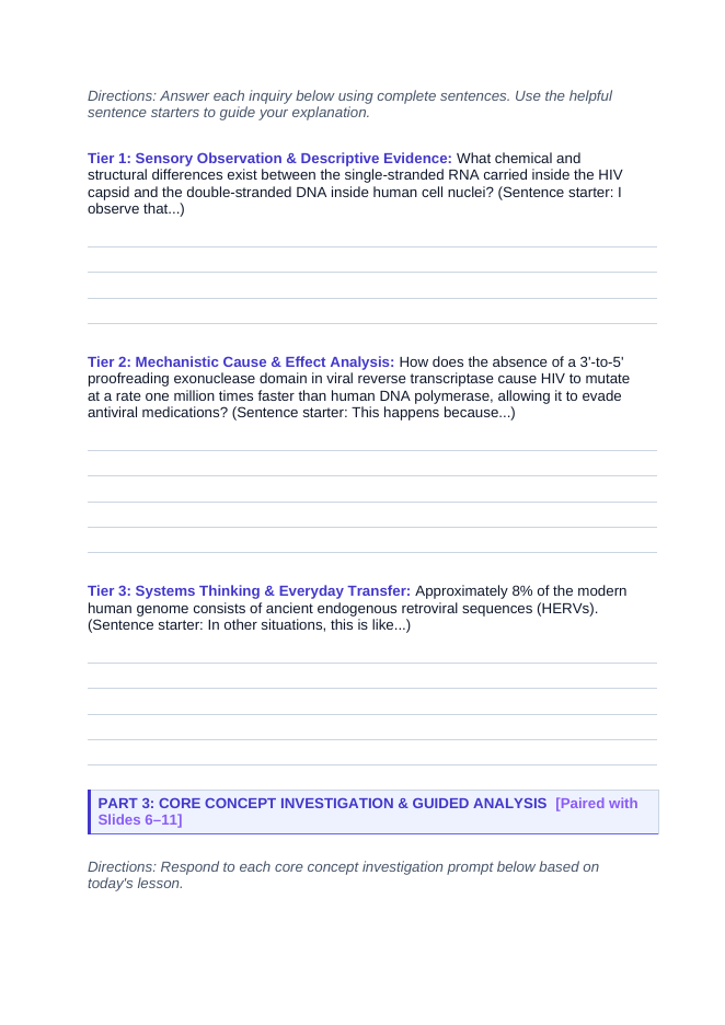 Molecular Genetics Scaffolded Phenomena-Based Lesson: HIV Reverse Transcription Student Response Sheet sample page