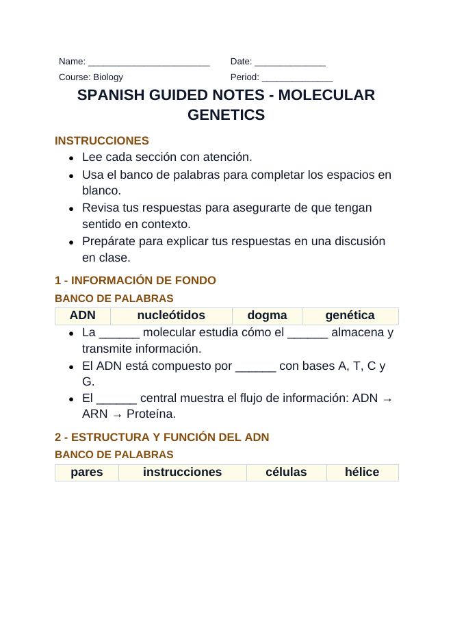 Molecular Genetics Spanish Guided Notes sample page