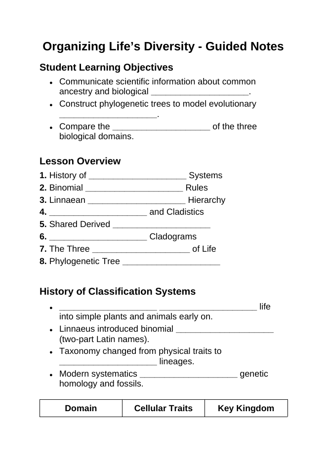 Organizing Life’s Diversity Guided Notes sample page