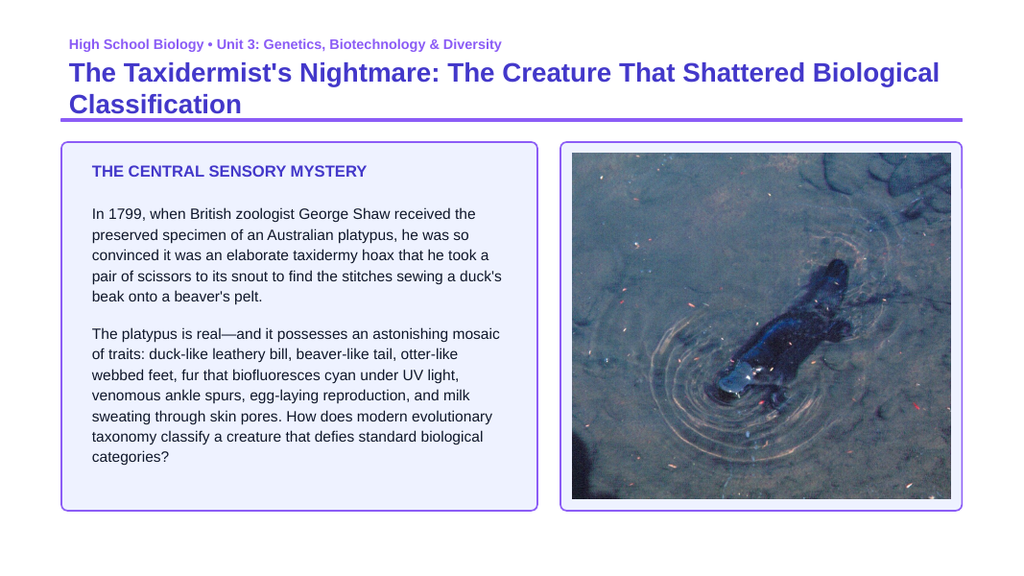 Organizing Life’s Diversity Phenomena-Based Lesson: Platypus Mosaic Classification Presentation sample page