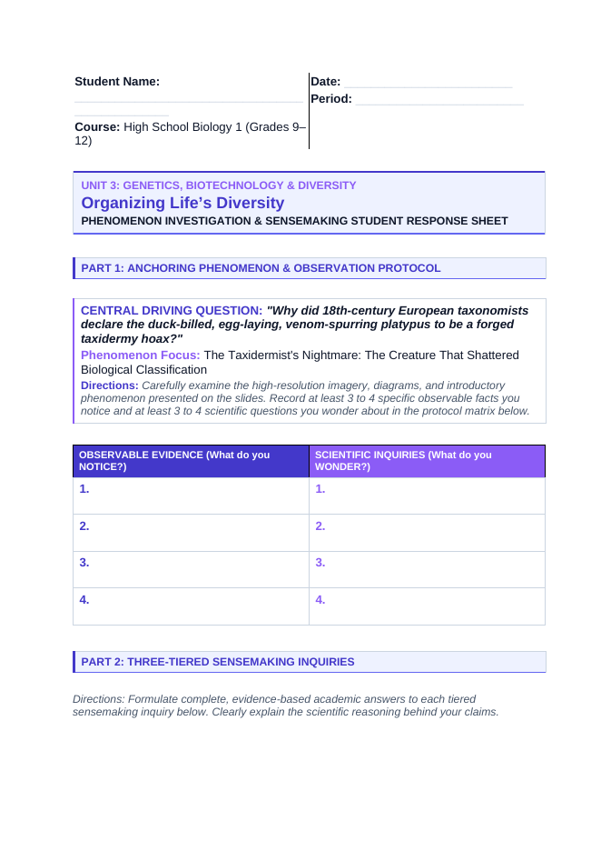 Organizing Life’s Diversity Phenomena-Based Lesson: Platypus Mosaic Classification Student Response Sheet sample page