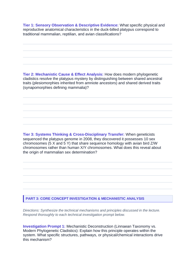 Organizing Life’s Diversity Phenomena-Based Lesson: Platypus Mosaic Classification Student Response Sheet sample page