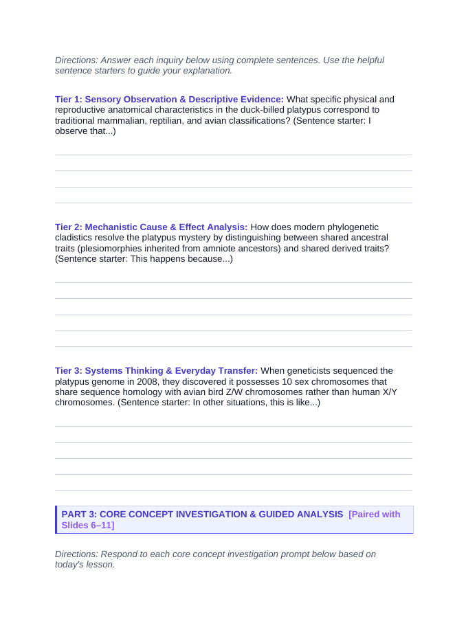 Organizing Life’s Diversity Scaffolded Phenomena-Based Lesson: Platypus Mosaic Classification Student Response Sheet sample page