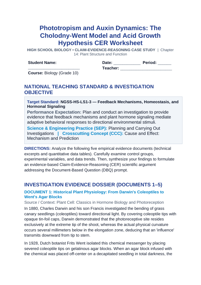 Phototropism and Auxin Dynamics: The Cholodny-Went Model and Acid Growth Hypothesis CER Phenomena Worksheet sample page