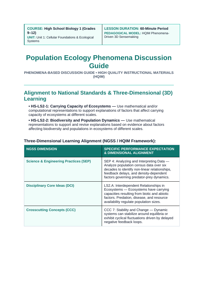 Population Ecology Phenomena-Based Lesson: Isle Royale Wolf Moose Crash Teacher Discussion Guide sample page