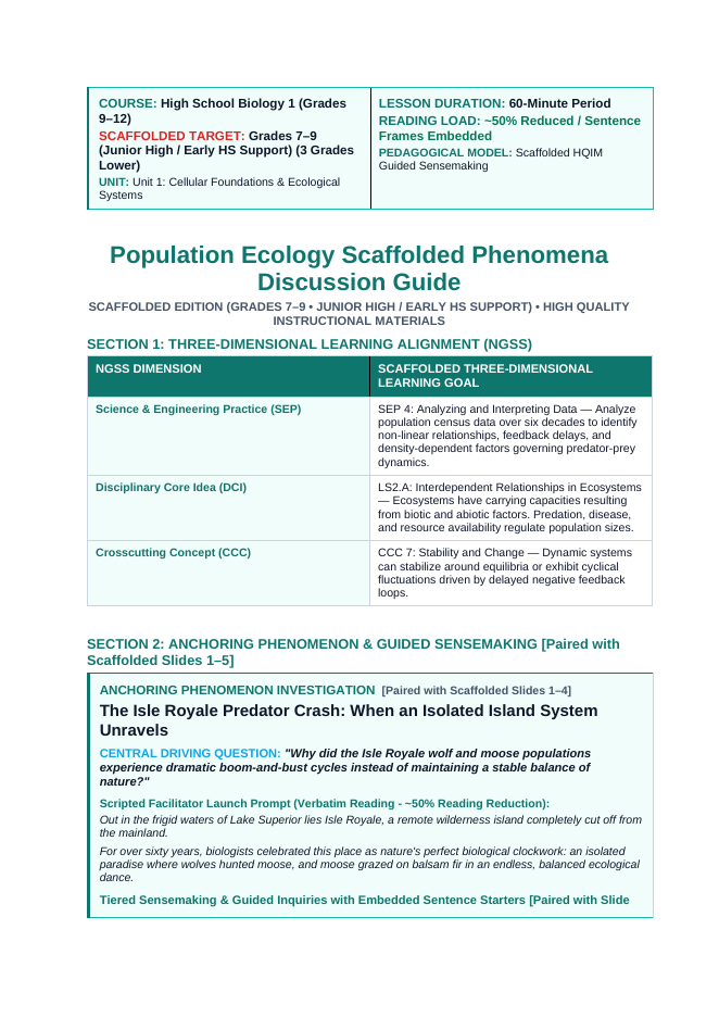 Population Ecology Scaffolded Phenomena-Based Lesson: Isle Royale Wolf Moose Crash Teacher Discussion Guide sample page