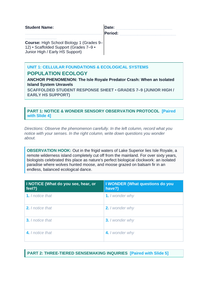 Population Ecology Scaffolded Phenomena-Based Lesson: Isle Royale Wolf Moose Crash Student Response Sheet sample page