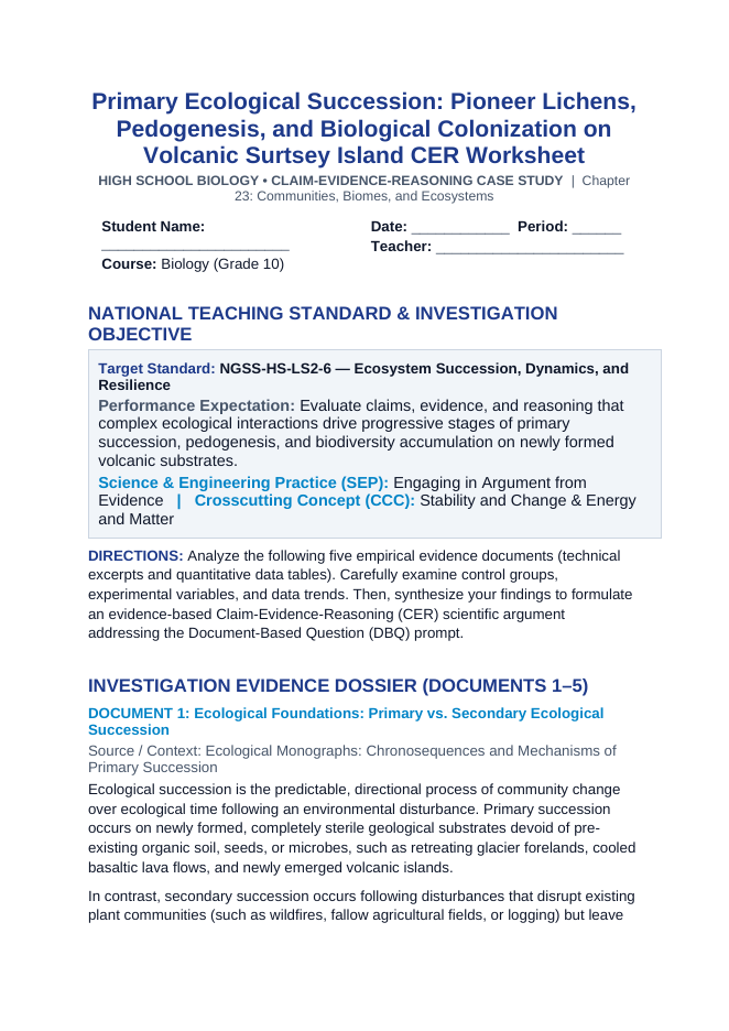 Primary Ecological Succession: Pioneer Lichens, Pedogenesis, and Biological Colonization on Volcanic Surtsey Island CER Phenomena Worksheet sample page