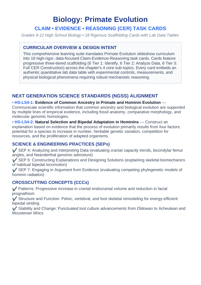 Primate Evolution CER Task Cards sample page