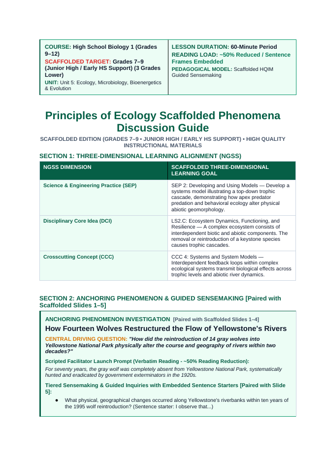 Principles of Ecology Scaffolded Phenomena-Based Lesson: Yellowstone Wolf Trophic Cascade Teacher Discussion Guide sample page